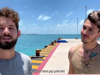 Latin guys celebrate gay pride on the beach outdoor