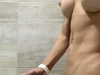 Tranny with Large Tits Jerking Off her Large Cock