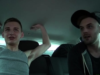Gay twink enjoys a oral-job and ass penetration in a auto