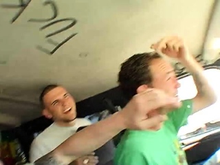 Guys gangbang fucks redhead babe outside