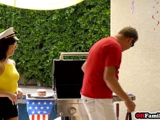 Teens celebrate on an old mans large cock