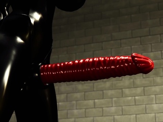 Lady in black latex outfit plays with japanese cuffed girl