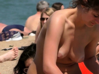 Good brunette lady Topless Beach Voyeur Public Nude boobs