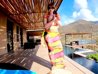 Redhead MILF Red XXX masturbating outdoors by the pool