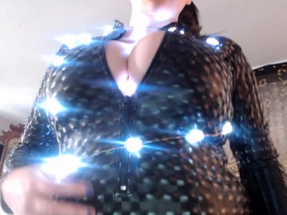 Busty curly brunette with major boobs fucks on couch