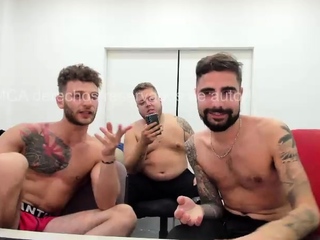 Two muscled aroused gay studs licking balls in kitchen