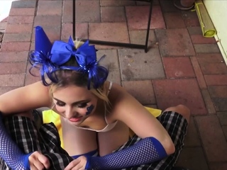 Blonde fucktoy spins on my cock for cash outdoors