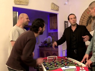 Busty French BBW gets three cocks and DP in wild hard group