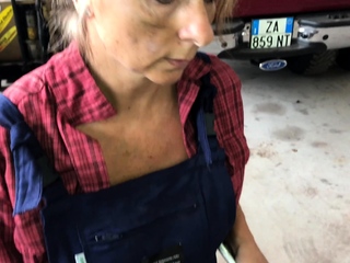 Blonde wife with big tits gets sucks dick in the garage