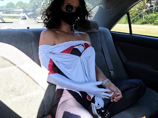 Busty curly brunette with big boobs fucks on couch