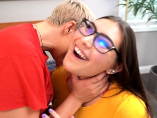 Busty curly brunette with big boobs fucks on couch