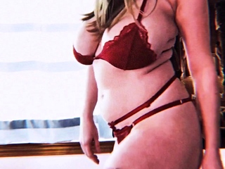 Busty curly brunette with big boobs fucks on couch