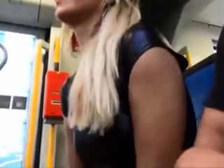 confident girlfriend gives nervous boyfriend blowjob on bus