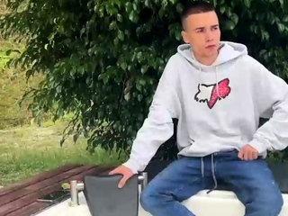 Hot blonde gay twink strips and masturbates