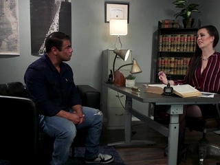 Office busty femdom pegging her sub before cockjerking