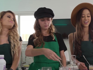 Stud getting his dick sucked hard by these horny baristas