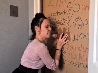 Gloryhole slut sucks and jerks my dick to get through doorwa