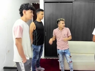 Two randy gay fellas giving blowjobs in group sex action