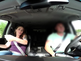 Amazing busty brunette slut doing blowjob outdoor