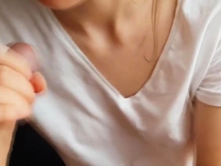 He Cum On Her Shirt! Hot Handjob With Cum On Clothes! POV! F