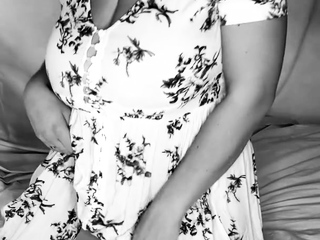 Busty curly brunette with big boobs fucks on couch