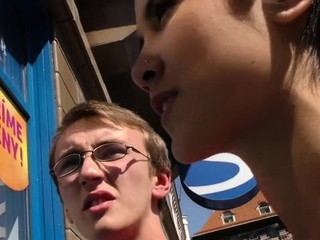 Enchanting teen brunette sweetheart chokes on fat sausage