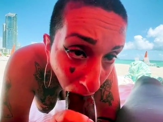 Gia Lovely sucks Louie’s Huge cock on Public Beach