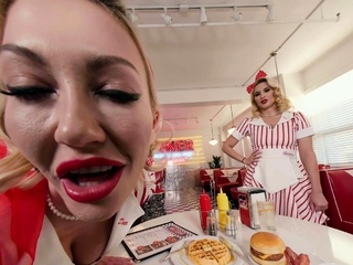 VR Bangers Threesome anal fucking with hot MILF waitresses