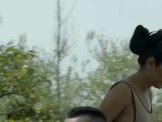 Busty MILF gets doubled stuffed outside by two big cocks –