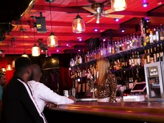 Gang banged blonde barmaid gets mouth spermed