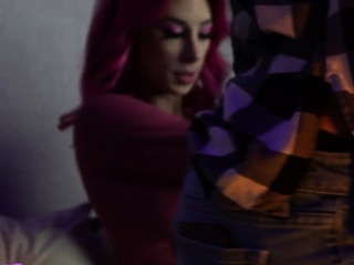 Pink hair TS MILF with tattoos rimmed by fucked babe