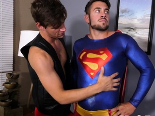 Superman jerking cock while pumped in erotic couple