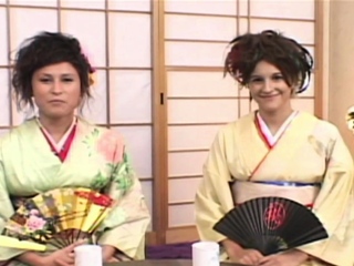 Asian cosplay teens suck on and fuck hard dick in trio