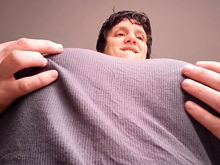 Busty curly brunette with big boobs fucks on couch