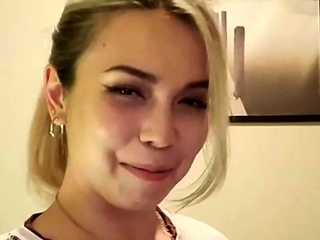 Hot Blonde Babe in Black Nylons Masturbates Solo