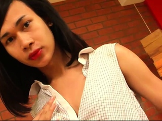 Skinny ladyboy in white shirt teasing with her hairy cock