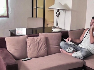 Brunette ladyboy with high heels gets her small cock sucked