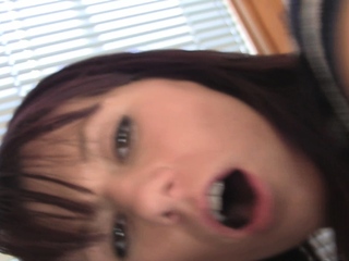 Small tit brunette gives blowjob to a big cock